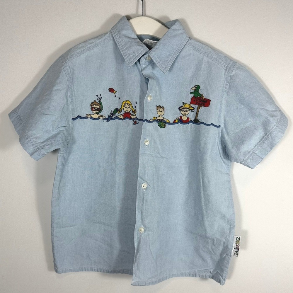 Vintage Zanizooz Kids Light Blue Embroidered Flaming Pond Button Down Shirt 4
